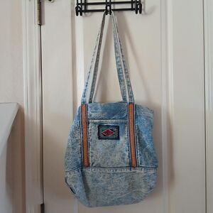 Y2K 90s vintage Cherokee acid washed denim tote bag faux leather hook loop close